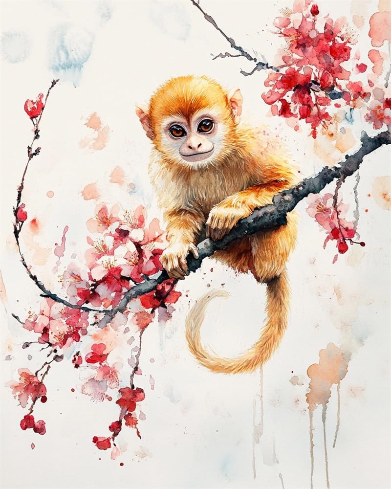 Henypt Stamped Cross Stitch Kits - Monkey Standing On A Plum Blossom Branch Colorful Printed Easy Pattern Needlepoint Kits Embroidery Crafts for Adults Beginners Gift