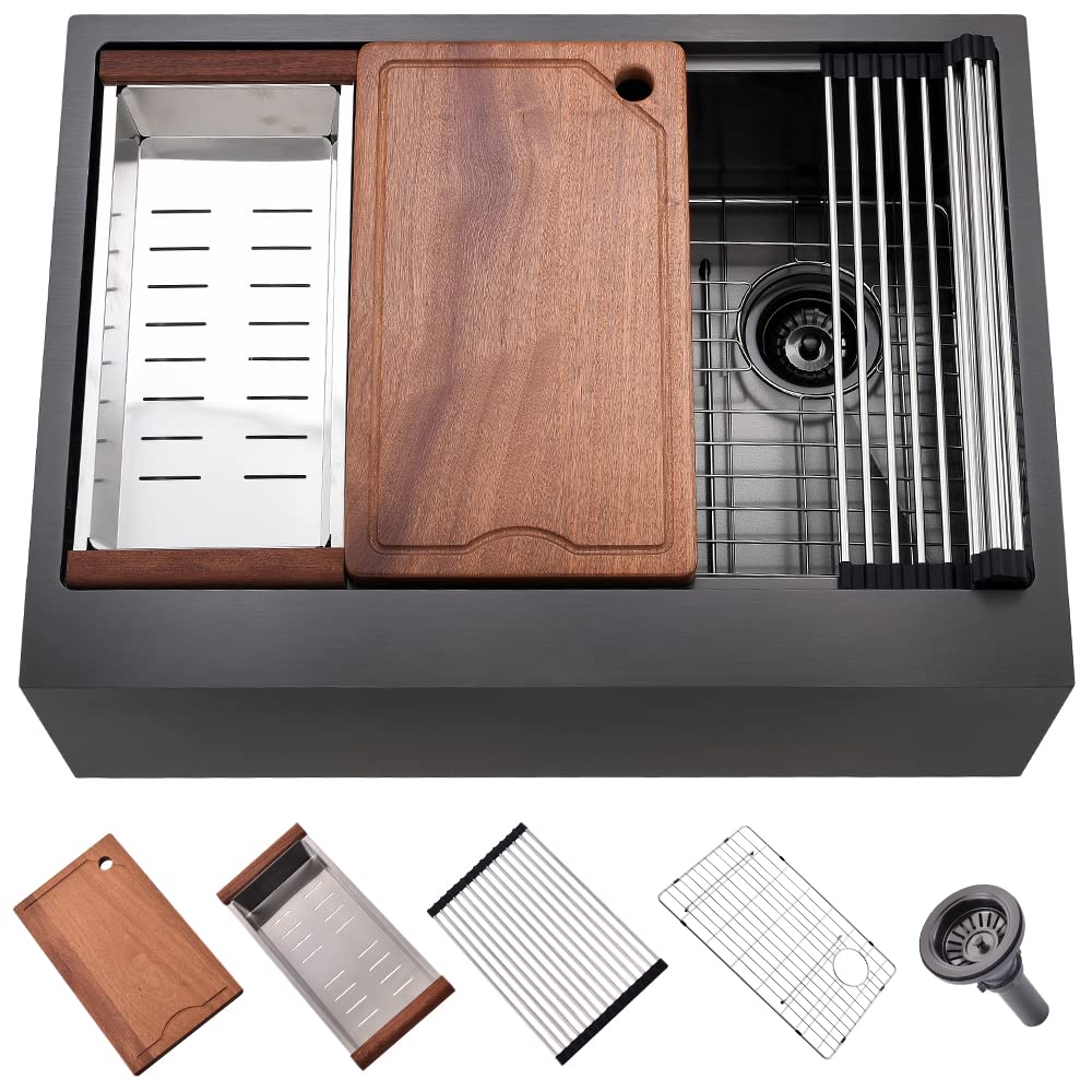 30 Inch Black Stainless Steel Farmhouse Sink Workstation-SOMRXO Farmhouse Kitchen Sink Workstation Ledge 16 Gauge Gunmetal Matte Stainless Steel Kitchen Sink Single Bowl Kitchen Sink With Accessories