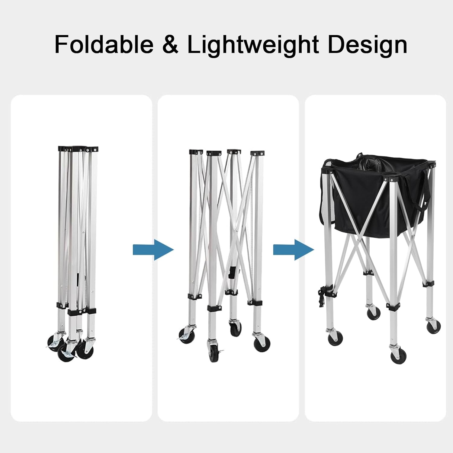 Foldable Tennis Ball Cart with Wheels, Portable Lightweight Holds 160 Balls Tennis Ball Hopper Sports Teaching Cart Tennis Ball Basket with Removable Bag Side Pockets