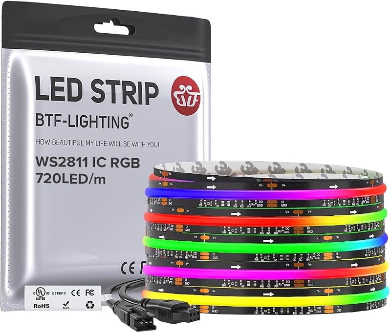 BTF-LIGHTING 16.4FT WS2811 Smart IC RGB DC12V FCOB COB LED Strip Light | UL Listed 720LEDs/m High Density Color Chasing Light 12mm Width Black PCB for Home DIY Lighting(No Adapter or Controller)