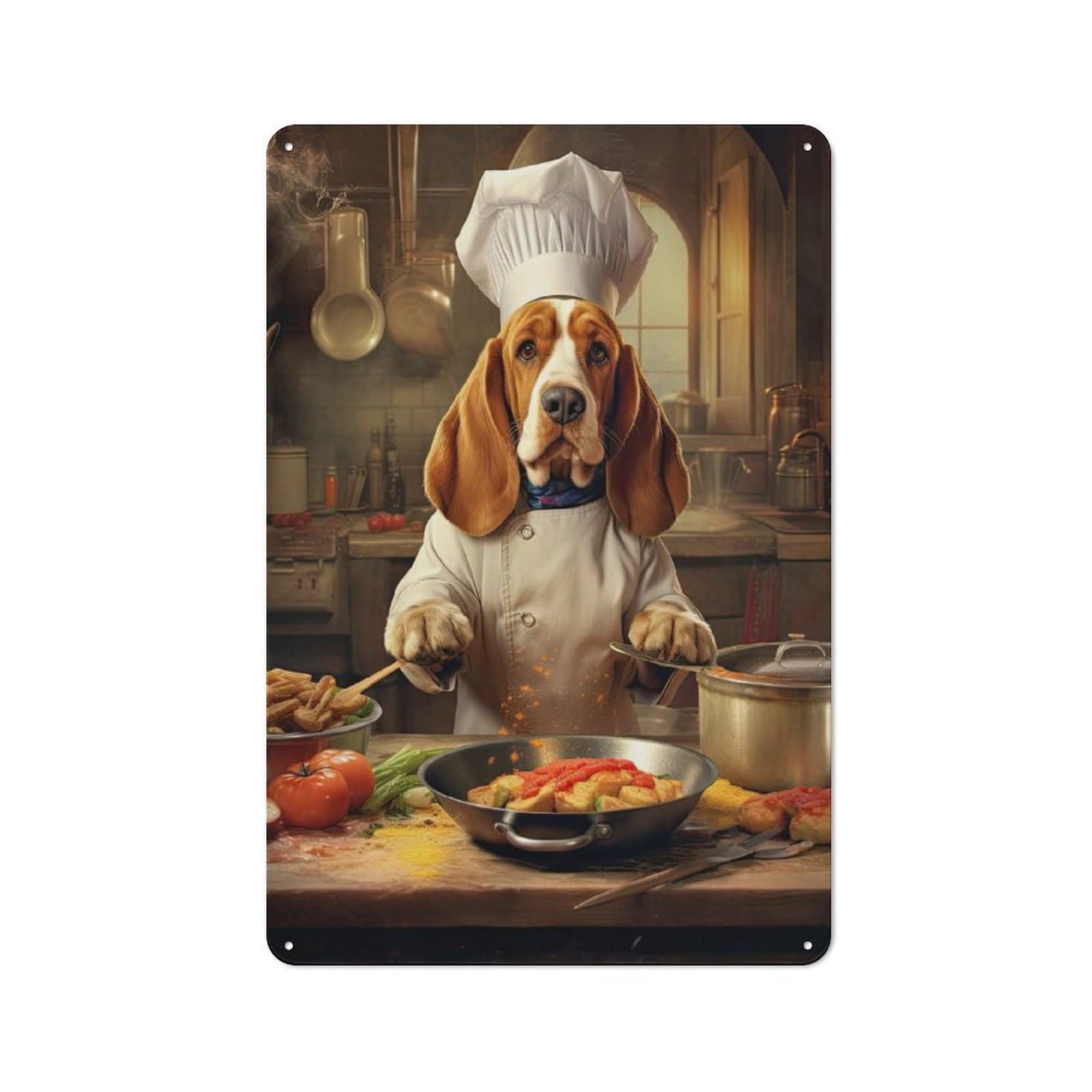 Junmoney Basset Hound Chef 30X20cm Rustic Metal Plaque With For Café Or Restaurant, For Themed Interiors In Cafés And Restaurants