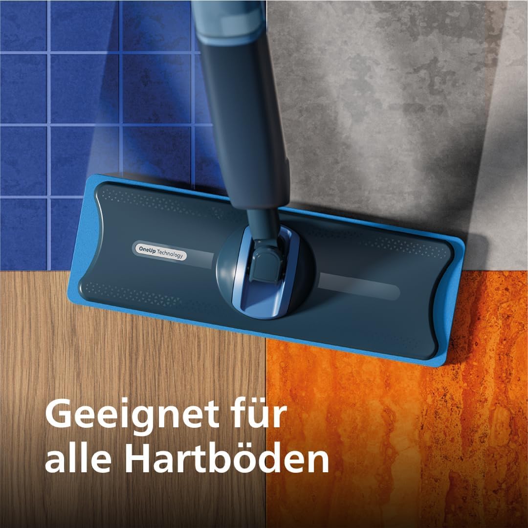 Philips OneUp 5000 Serie Elektrischer Wischmopp - 2X sauberere Böden², Zwei Feuchtigkeitseinstellungen für Harte & empfindliche Böden, Kabellos mit 360° Drehgelenk + 1 Pad extra