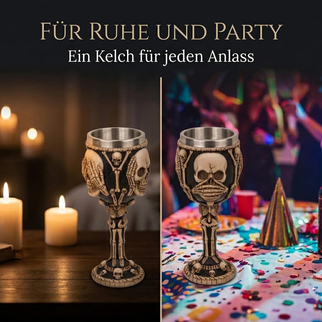 MIJOMA 3D-Totenkopf Weinglas Becher – Schädelbecher aus Kunststein und Edelstahl, mittelalterlicher Wikinger Krug, 300ml Fassungsvermögen (sieh nicht, hör nicht, sprich nicht)