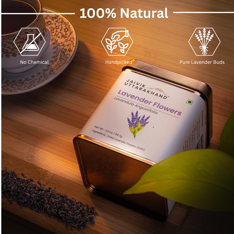 Image of Jaivik Uttarakhand - Lavender Flowers Buds Tea (56.7 g), Sun Dried Lavandula Angustifolia, Pack of 1 Tin Can