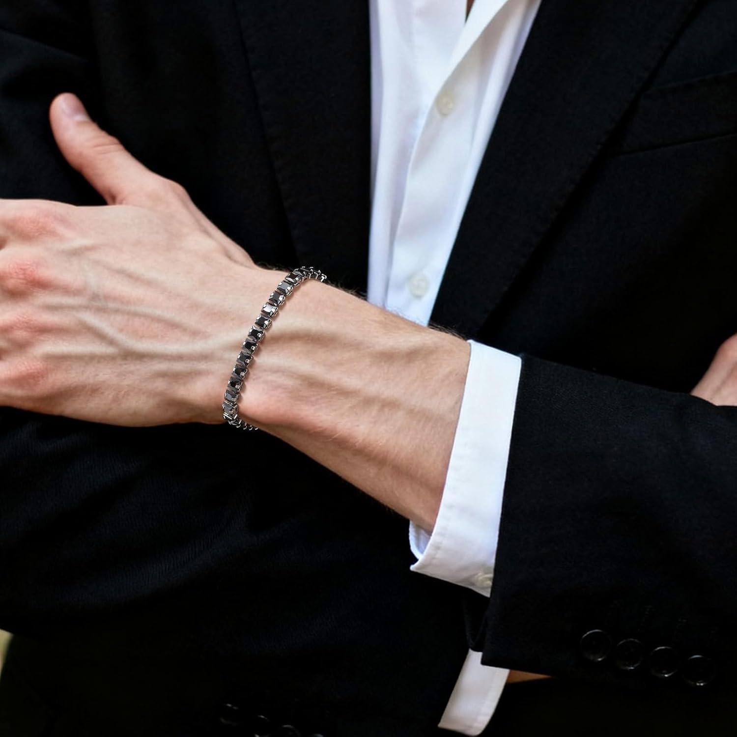 Men's Cubic Zirconia Tennis Bracelet : Sparkling 5A Diamond-liked Link Chain Bracelets,Adjustable Stainless Steel Handchain for Men,Stacked Iced Out Rhinestone Jewelry,Gift for Husband,Boyfriend