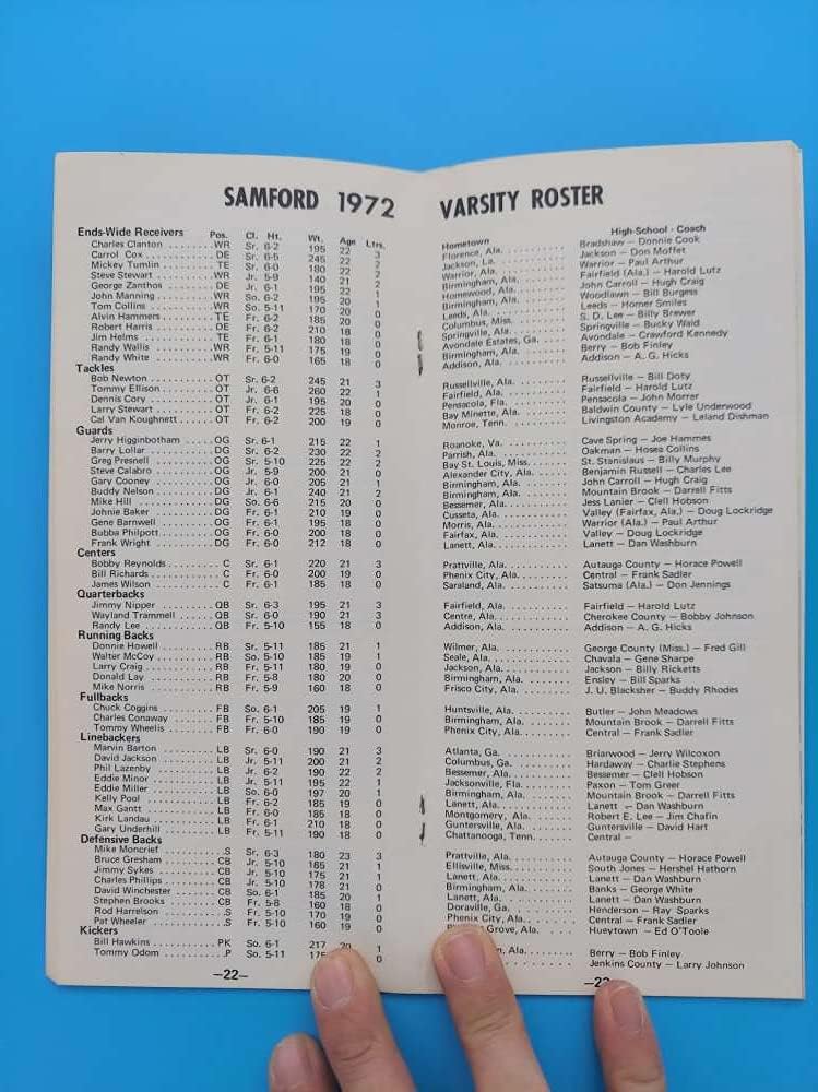SAMFORD UNIVERISTY BULLDOGS COLLEGE FOOTBALL MEDIA GUIDE 1972