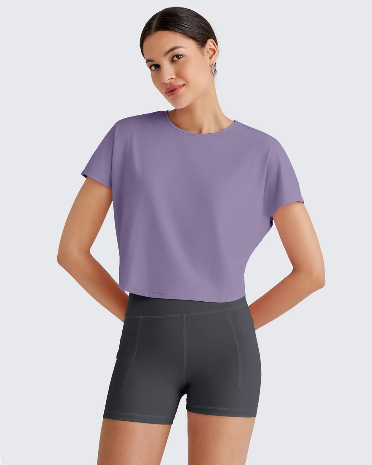 G4Free Workout Shirts Women Loose Fit Short Sleeve Tops Stretchy Yoga Gym Summer Soft Lightweight Casual Exercise Tshirts(Gray Purple,M) - Image 2