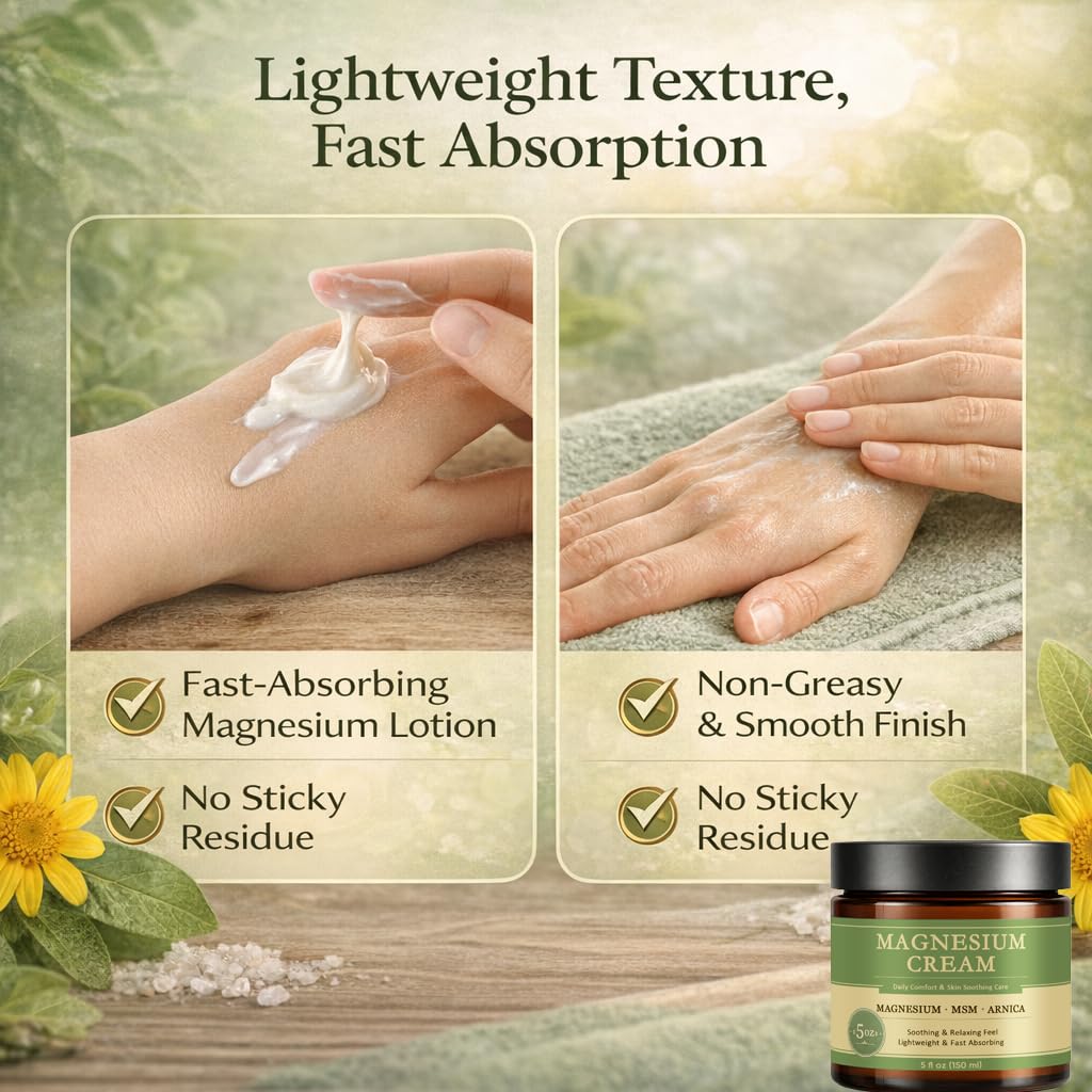 Magnesium Cream for Daily Comfort, Fast-Absorbing Soothing Formula with MSM & Arnica, Non-Greasy Skin Cream for Muscle & Nerve Support, 5 Fl Oz