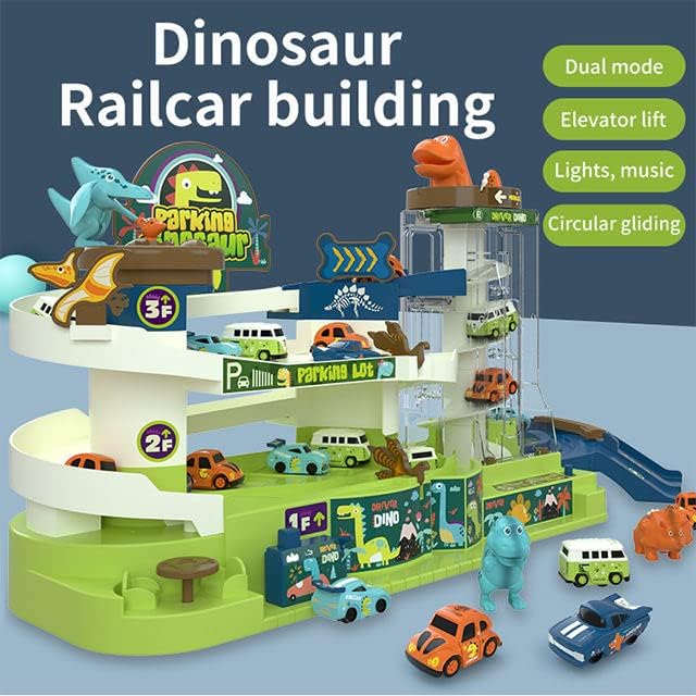 PANSHUB Dinosaur 4 Car Park Building Track Set - Race Track & Toy Garage Playset| Light & Music 3 Level Parking Lot Toy for Toddler | Automatic & Manual for Kids 3+ Years