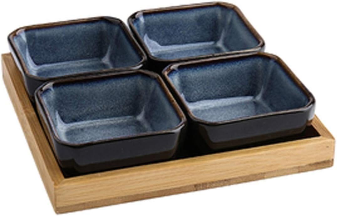 Saucer Ceramic Dipping Bowls Set with Tray Condiment Dishes Seasoning Dish Japanese Style Rectangular Platters Sauce Serving Bowls Dish(Black)