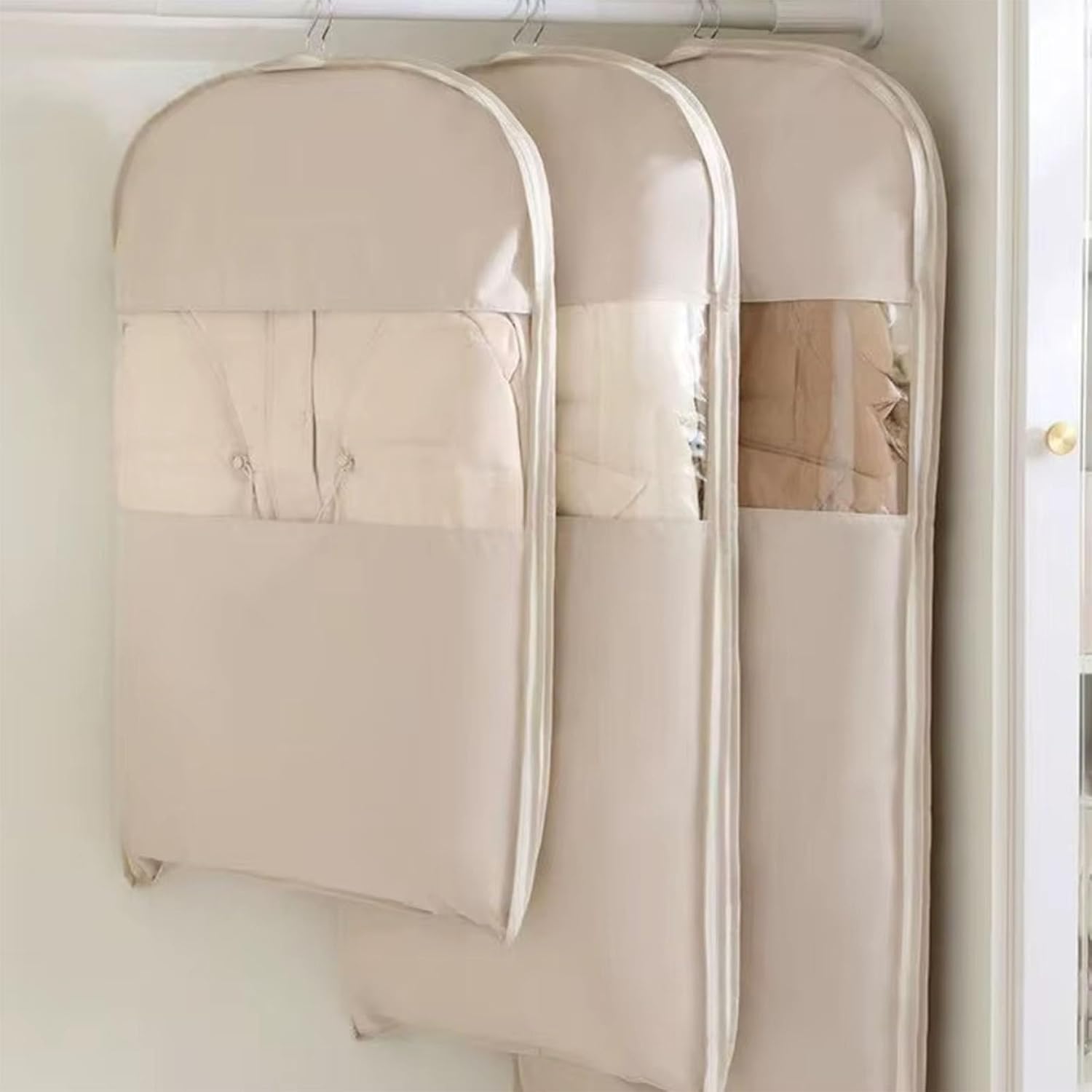 3PCS Space Saving Hanging Garment Bag with Self Compression Zipper, Compression Space Saver Closet Storage Organizers, Dust Cover Clothes Bags for Down Coat (Pink,M+L+XL)