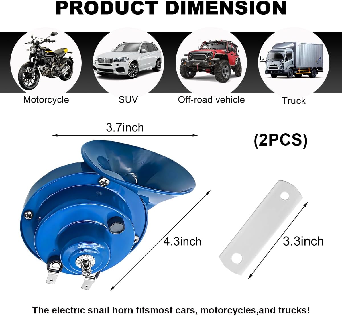 KVAEY 2 PCS Super Loud Car Snail Horns, 12V 300DB Durable Car Horn Kit, High Low Tone Universal Waterproof Car Air Electric Snail Horn, Vehicle Air Horn Replacement for Motorcycle Truck (Blue) image 2