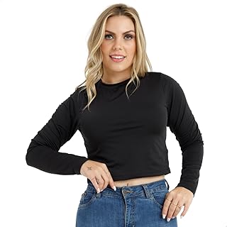 Cropped Manga Longa Suplex Básico e Casual Moda Outono Inverno Roupa Esportiva Feminina Slim 0325A