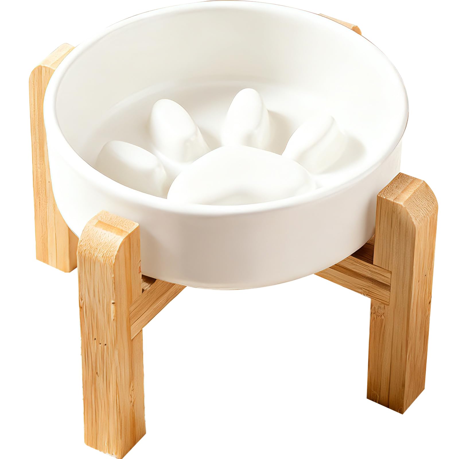 Raised Cat Bowl with Wood Stand, Ceramic Cat Food Bowl for a Comfortable Position Whilst Eating & Drinking, Feeder Bowls for Cats Anti Vomit Anti Slip (White)