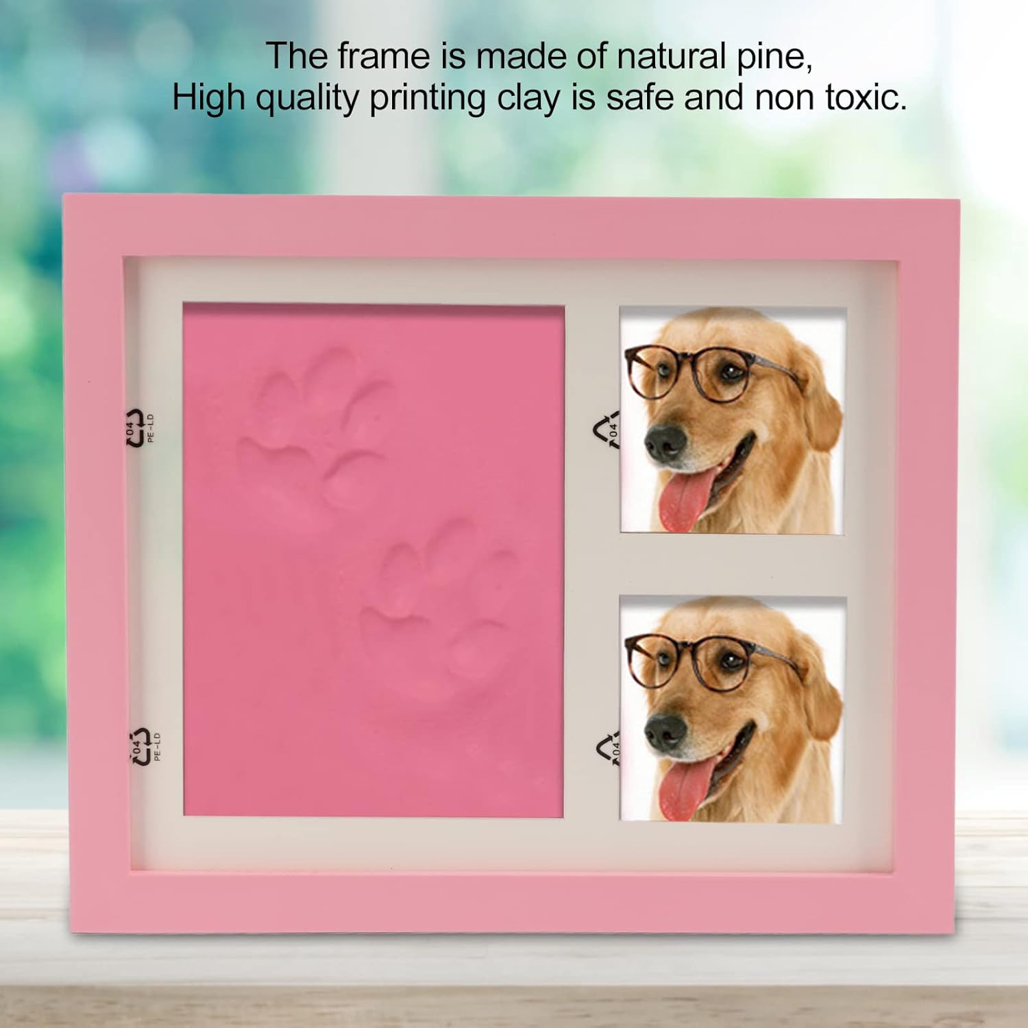 Alvinlite Pet Paw Print Dog or Cat Pawprint Keepsake Kit Photo Frame With Clay Imprint Kit Premium Wooden Photo Frame, Clay Mold for Paw Print for Pet Lovers and Memorials(pink clay)