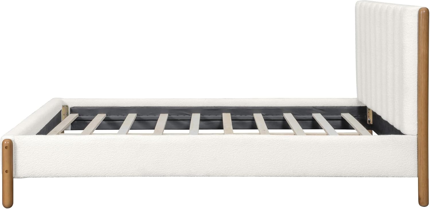 Queen Size Boucle Bed Frame, Upholstered Platform Bed with Vertical Tufted Headboard, Wooden Trim, Solid Wood Legs, No Box Spring Needed, Easy Assembly, White