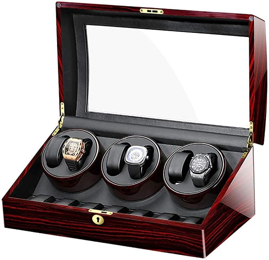 Automatic Watch Winder Box Storage Display Watch with Glass Top Piano Finish Leather Lining Super Quiet,Colour: Black-4+6