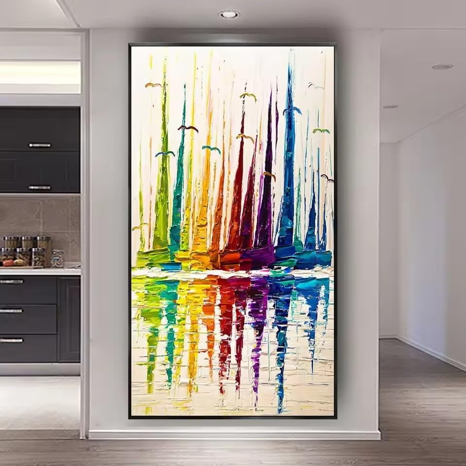 Tableau salon moderne peinture abstraite de bateau et plage