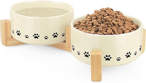 Miniatura 1 de Ptlom Tazón de cerámica para mascotas para perros y gatos, juego de cuencos elevados para alimentos y agua para perros con soporte de madera