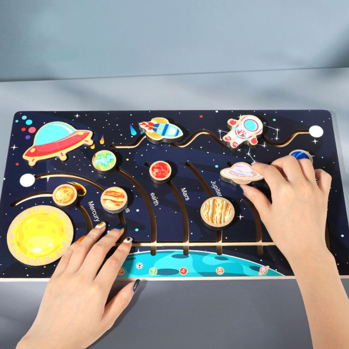 BESPORTBLE Puzzle Solare Mobile in Legno per Bambini Giocattolo Educativo per l'Apprendimento del Cosmo, Favorisce Memoria e Conoscenza di Figure e Colori, Attività Prescolari