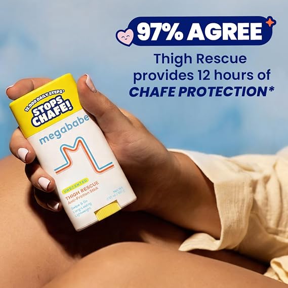 Megababe Unscented Thigh Rescue Anti-Chafe Stick | Prevents Skin Chafe & Irritation | Thighs, arms, bra-lines & more | Vacation and Hot Weather Essentials | 2.12oz