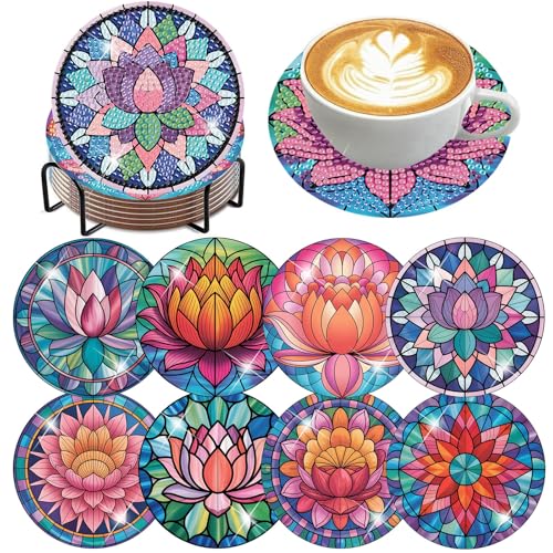 Ekuxom 8 PCS Lotus Diamond Art Coasters Kits with Holder Cork Pads