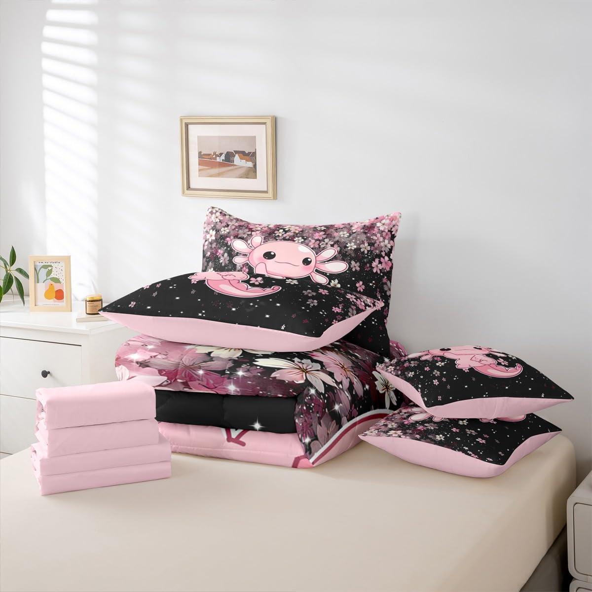 Cute Axolotl Twin Size Comforter Set with Sheets for Girl Cartoon Pink Axolotl 7-Piece Bedding Set for Kids Teens Kawaii Salamander Sea Ocean Animal Bed in a Bag Romantic Cherry Blossom Bed Quilt Sets