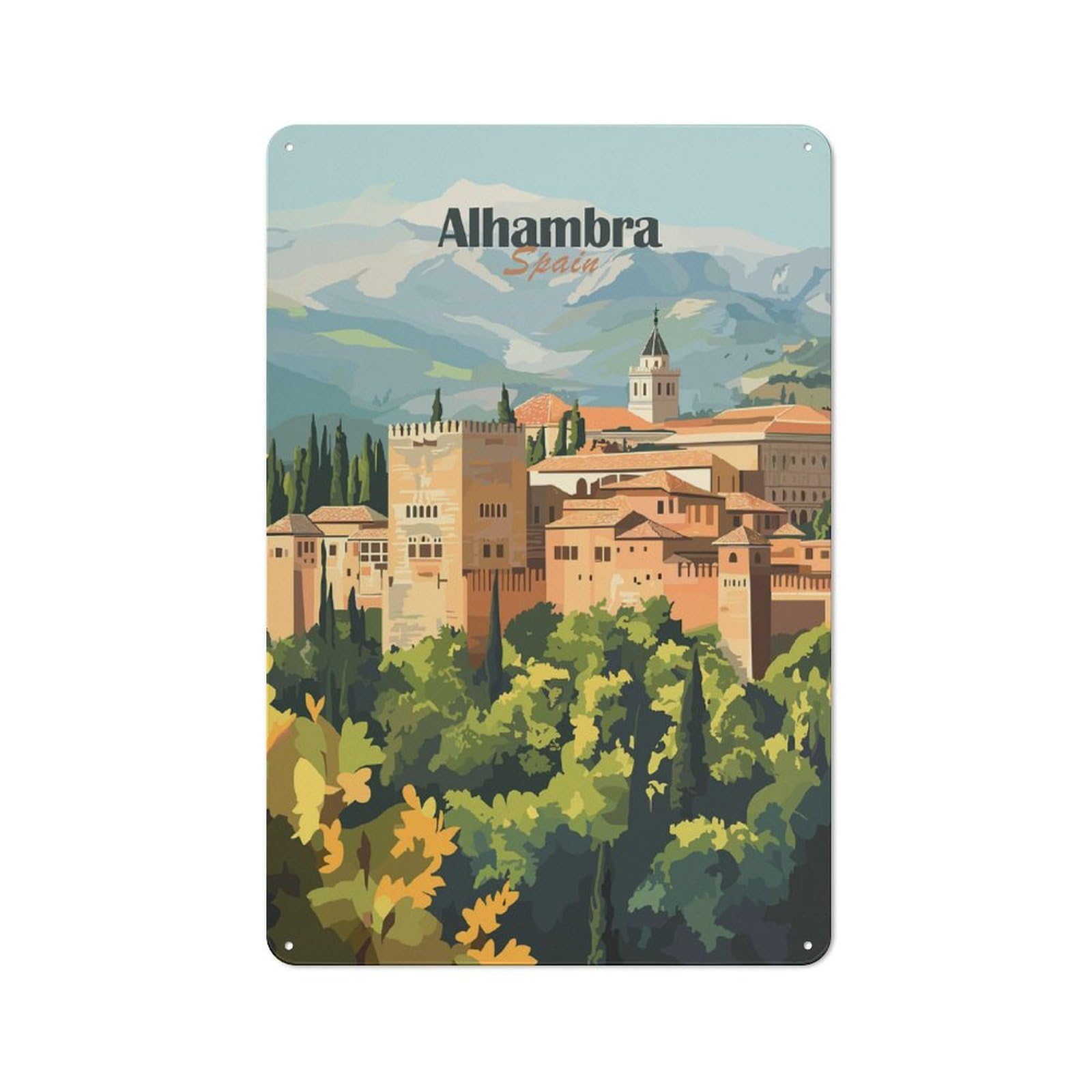 Junmoney Style-3 Alhambra Palace, Spain Retro Metal Wall Sign 30X20cm For Guest Room Or Hallway, A Housewarming Gift For Home Decor Collectors