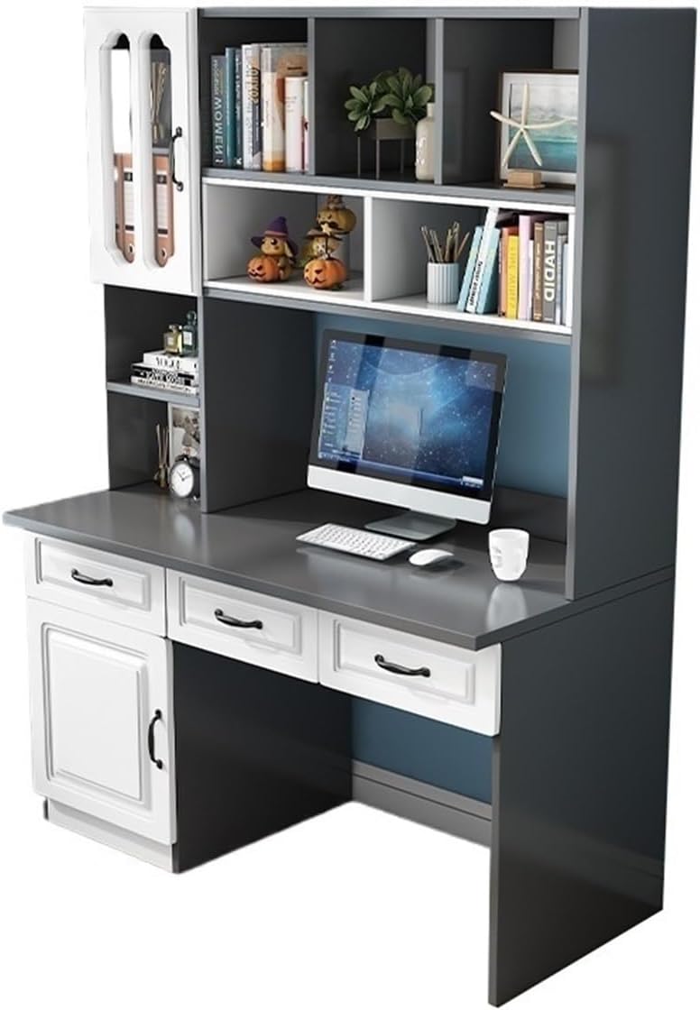 DOLUNTO Solid Wood Desk and Bookcase Combination Table, Modern Simple Study Table Desk, Home Office Desk (Color : Pink 100x60x190cm)