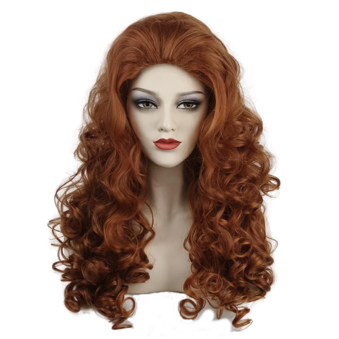 SisiruKou Womens Long Curly Orange Red Wave Wig Princess Costume Fluffy Halloween Cosplay Party Synthetic Wigs