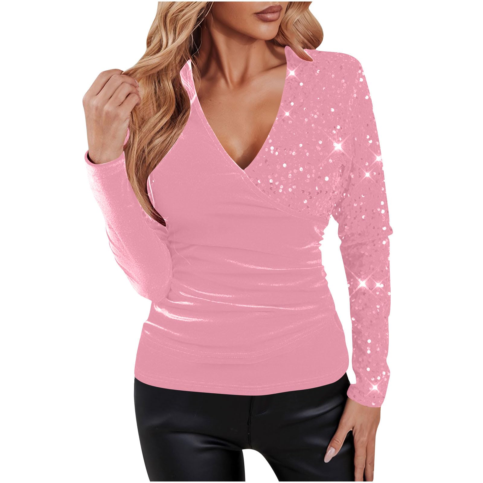 KHIRVWL Top Donna Unito con Inserti a Paillettes Scollo a V Maniche Lunghe Blusa Glitter Casual Cerimonia Maglia Brillantini Tops Capodanno da Sera Maglione con Paillettes Donna per Feste e Serate