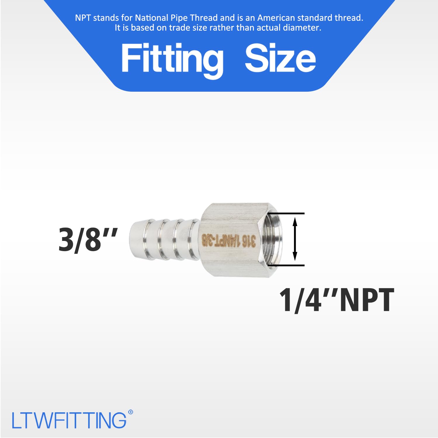LTWFITTING Bar Production Stainless Steel 316 Barb Fitting Coupler 3/8" Hose ID x 1/4" Female NPT Air Fuel Water (Pack of 25)