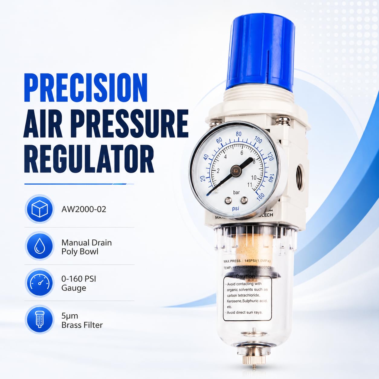 BLCH 1/4" NPT Air Compressor Regulator - Air Pressure Regulator, Air Dryer AW2000-02 Manual Drain Poly Bowl Gauge 0-160 PSI 5μm Brass