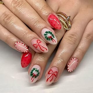 Christmas Press on Nails Medium Almond Bow Fake Nails Tortoise False Nails Press ons with Polka Dots Pearl Designs Acrylic Full Cover Red Stick on Nails for Women Winter Manicure 24Pcs