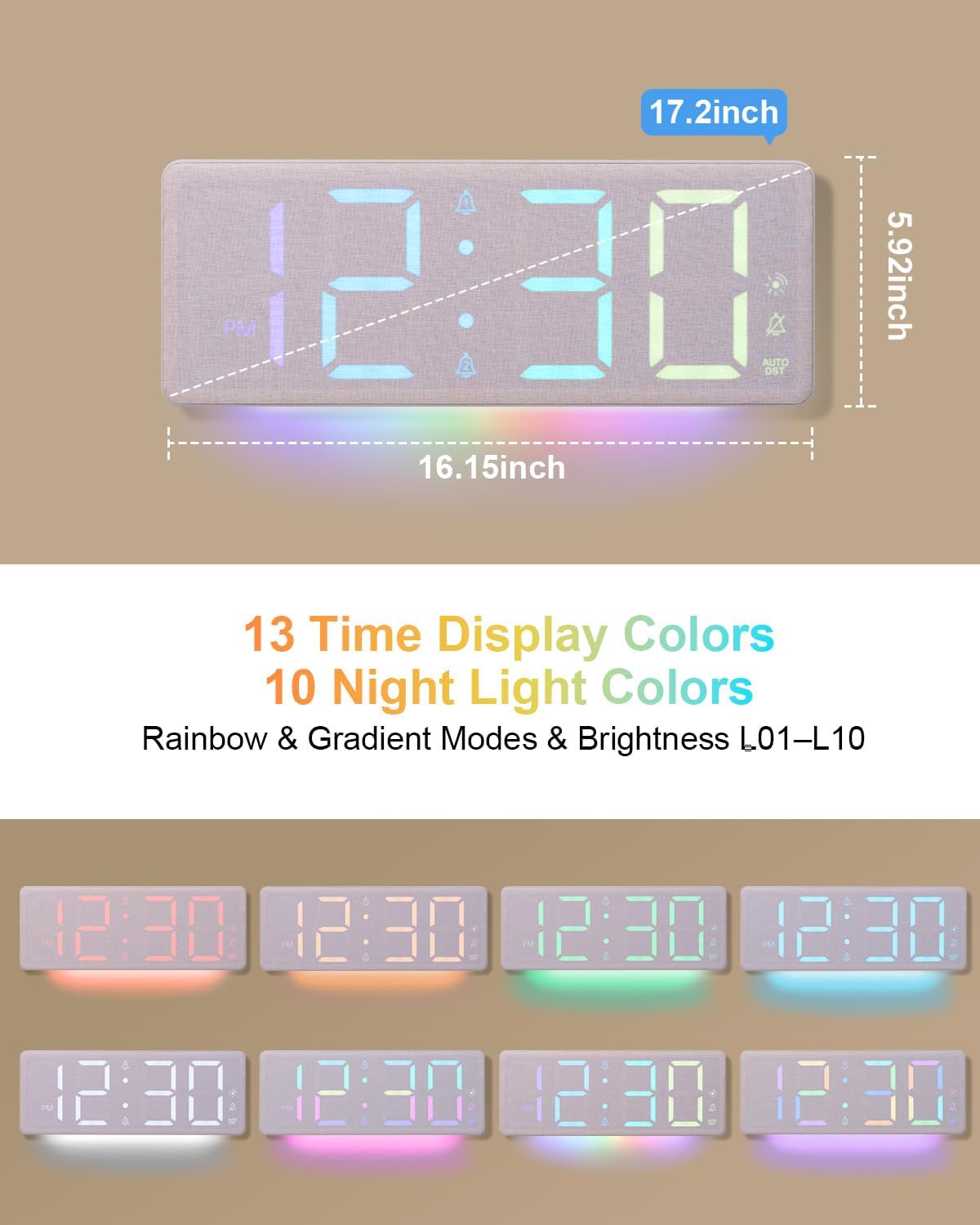 17.2” Premium Fabric Large Display Digital Wall Clock with Remote