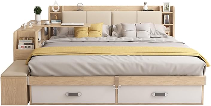 Queen Size Storage Bed with Side Cabinet Desk, Semi - Automatic Pneumatic Lift & Built - In Storage, Rounded Bumpers for Safety