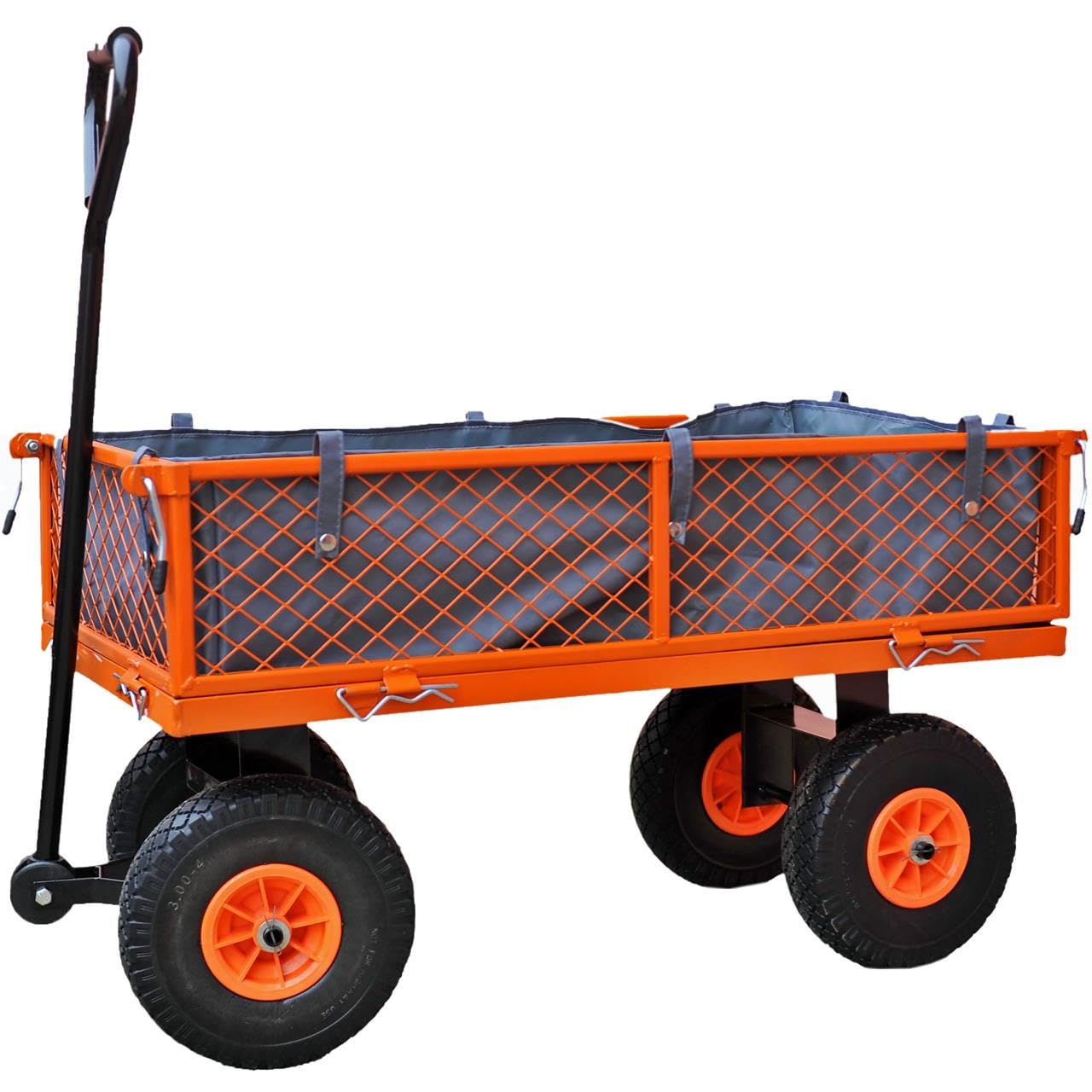 Carretilla de jardín FUXTEC FX-GW350 con Paredes Laterales abatibles para Cierre rápido, Carga máxima de 150 kg, neumáticos XXL, Lona Interior de poliéster práctica y manejable.