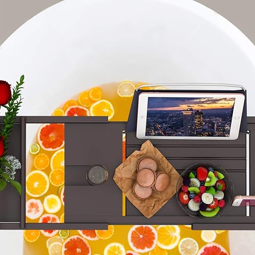 Vista 5 de Bandeja de bañera para baño de lujo, mesa de baño expandible de bambú impermeable sobre la bañera con soporte para vino y libros y jabonera gratis