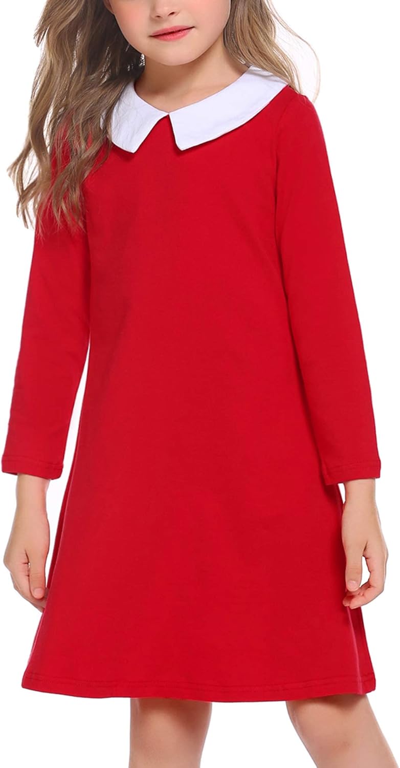 Arshiner Girls Long Sleeve Vintage Peter Pan Collar T-Shirt Dress Age 4-13 Years