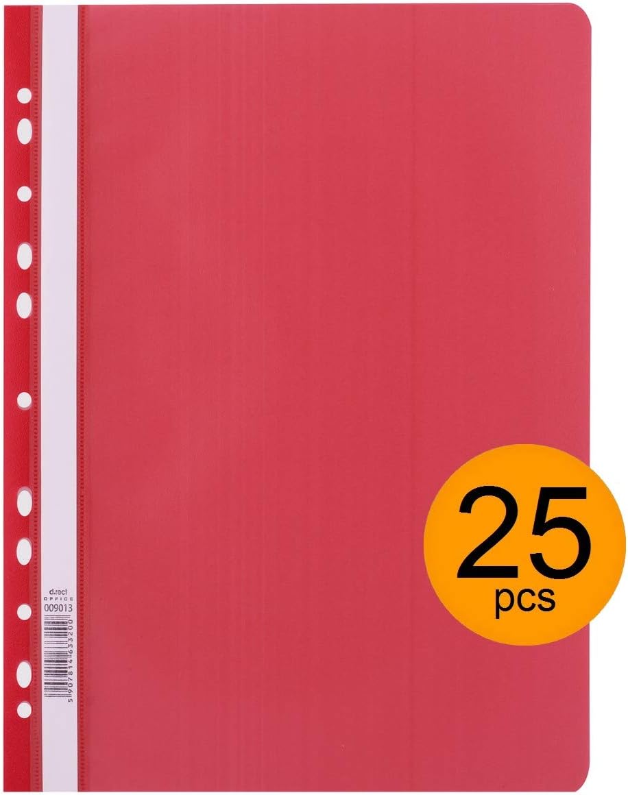 D.RECT Pack of 25 A4 File folders with Perforation Made of Plastic with Transparent Front Cover, Plastic Loose-Leaf Binder Made of PP Film, Perforated, Euro Perforation, red