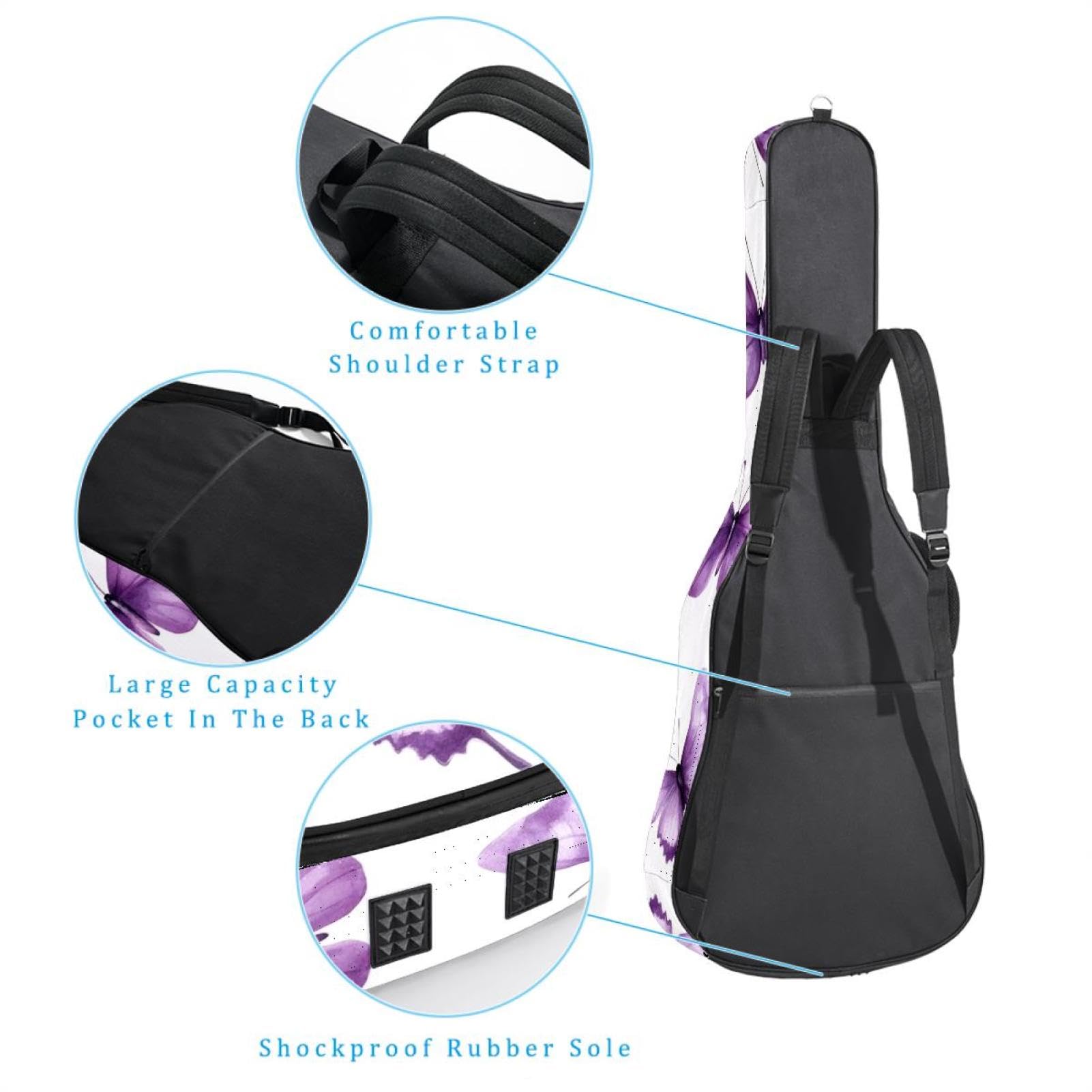 Funda acolchada para guitarra acústica con diseño de mariposas moradas en acuarela sobre fondo blanco, funda protectora para guitarra acústica y bajo eléctrico, guitarra clásica, Multicolor 04,