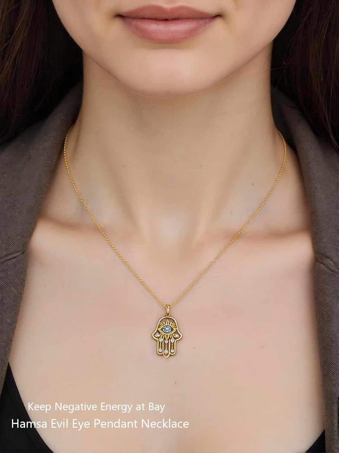 Oversized Hamsa Evil Eye Pendant Necklace, 14K Gold Plated S925 Sterling Silver with Blue Spinel & Zirconia, Adjustable 16-18 Inch Chain, Statement Protection Jewelry Gift