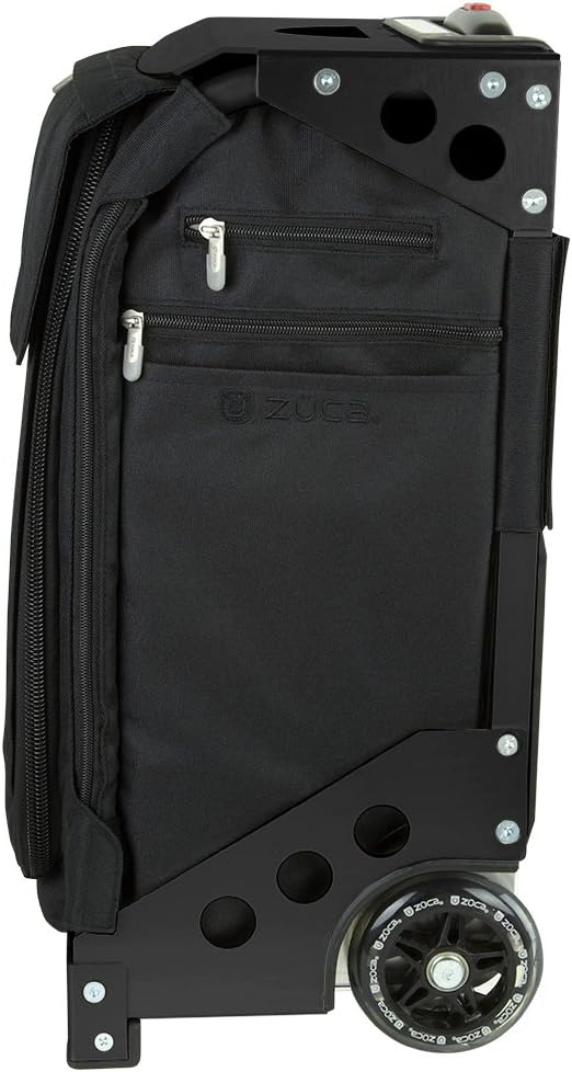 ZUCA Flyer Carry On Luggage with Wheels - 20 inch Airline Approved Black Bag and Black Frame, with 5 Packing Pouches, Travel Cover, and Built-In Seat
