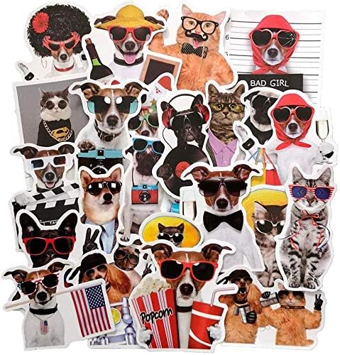 Funny Dog and Cat Stickers, Pet with Sunglasses Sticker Decal for Laptop, Water Bottles, Cars, Teens, Women, Kids, Girls, 38pcs Vinyl Waterproof Sticker Pack, No Repeat(Dog and Cat Stickers)