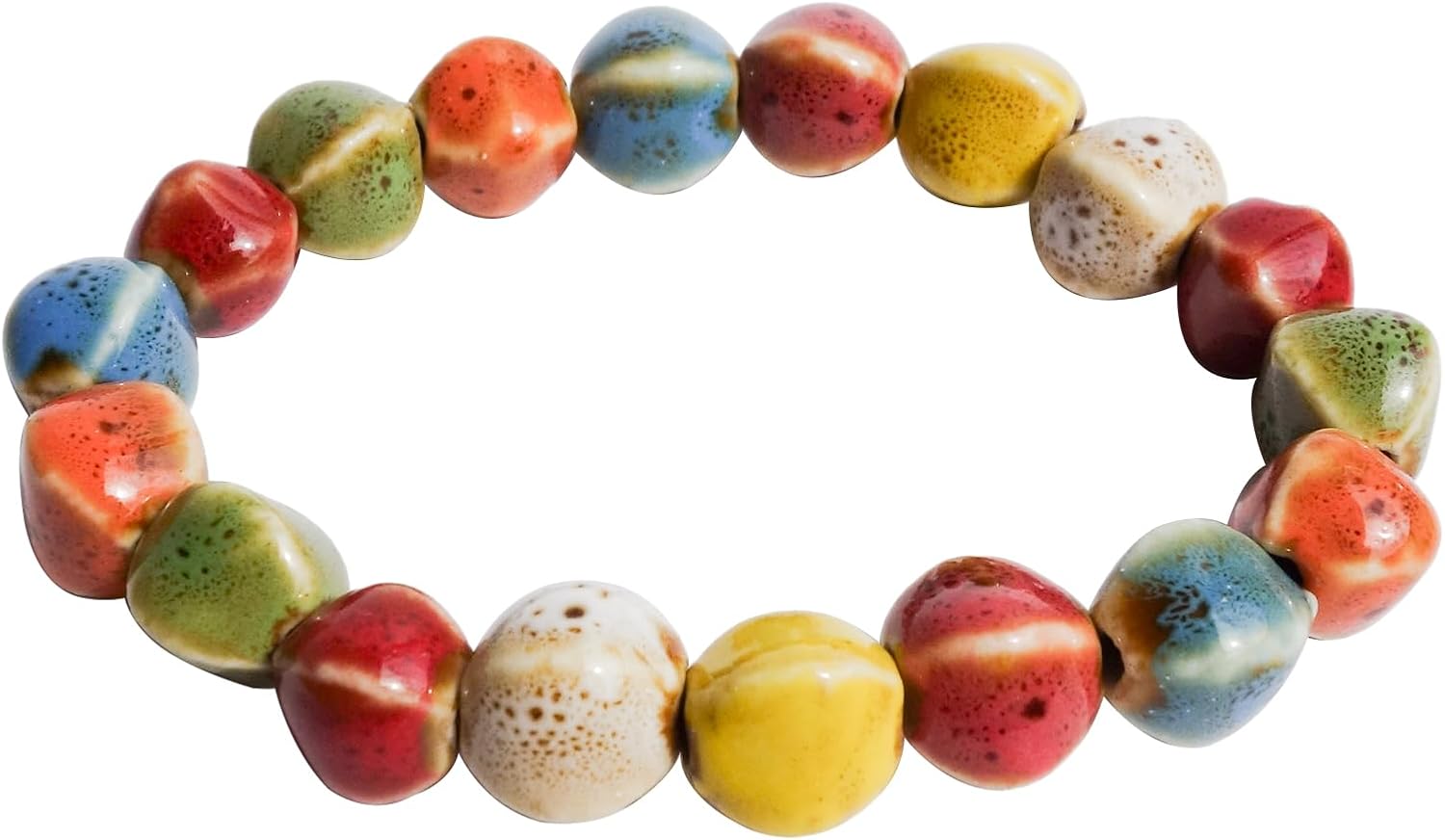Handmade Multi-Color Faceted Ceramic Beads Bracelet for Women, Boho Stretch Bracelet with Oval Colorful Glazed Beads, Adjustable Bohemian Jewelry Gift for Mom Wife