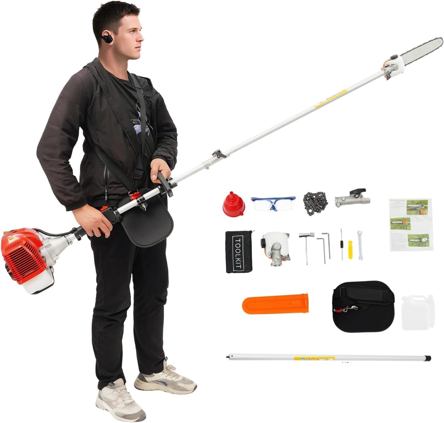 Gas Powered Pole Saw, 43cc 2-Stroke Cordless Tree Trimmer Gas Pole Saws, 7.9 to 11.5 ft Extendable Long Powerful Chainsaw with Rotatable Head & 12 inch Cutting Bar for Tree Trimming Pruning