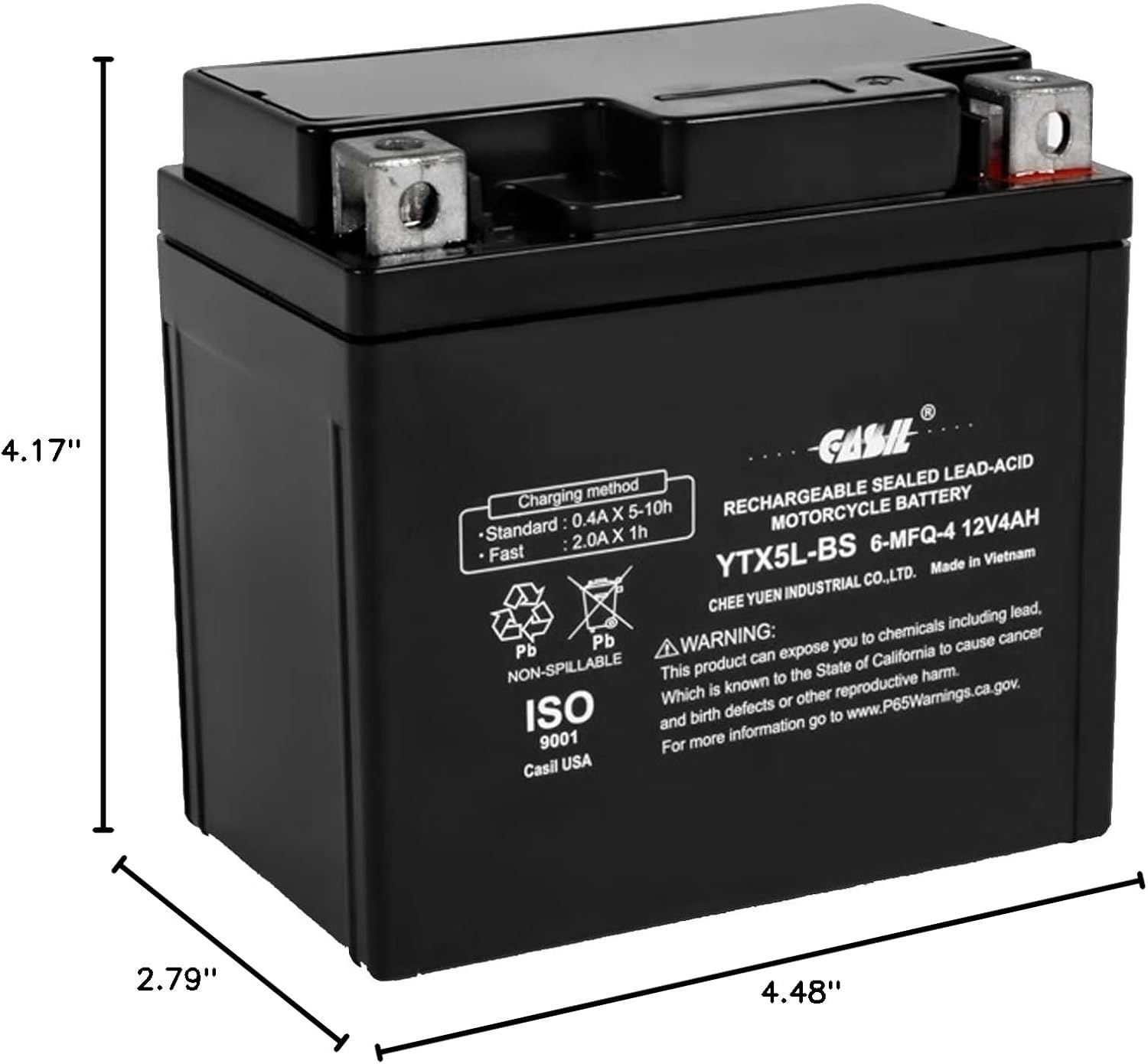 YTX5L-BS Replacement Motorcycle Battery - Rechargeable High Performance - AGM - Sealed Maintenance Free - Casil Battery