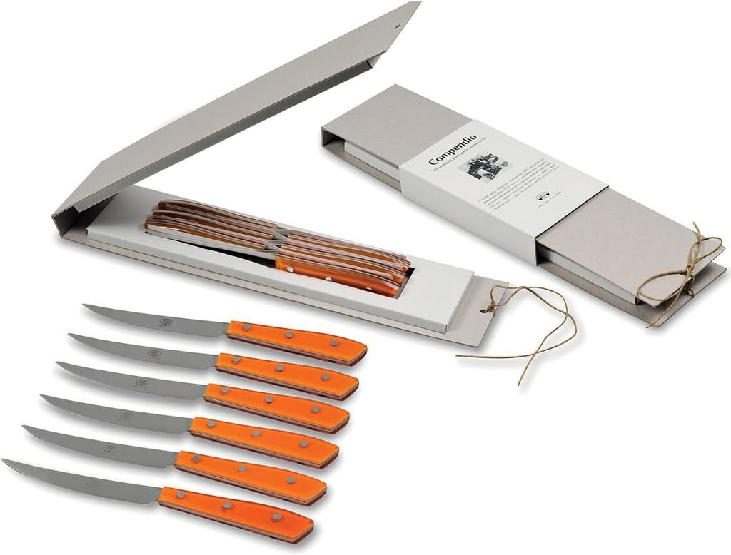 Set of 6 Compendio Steak Knives | Orange Lucite Handles