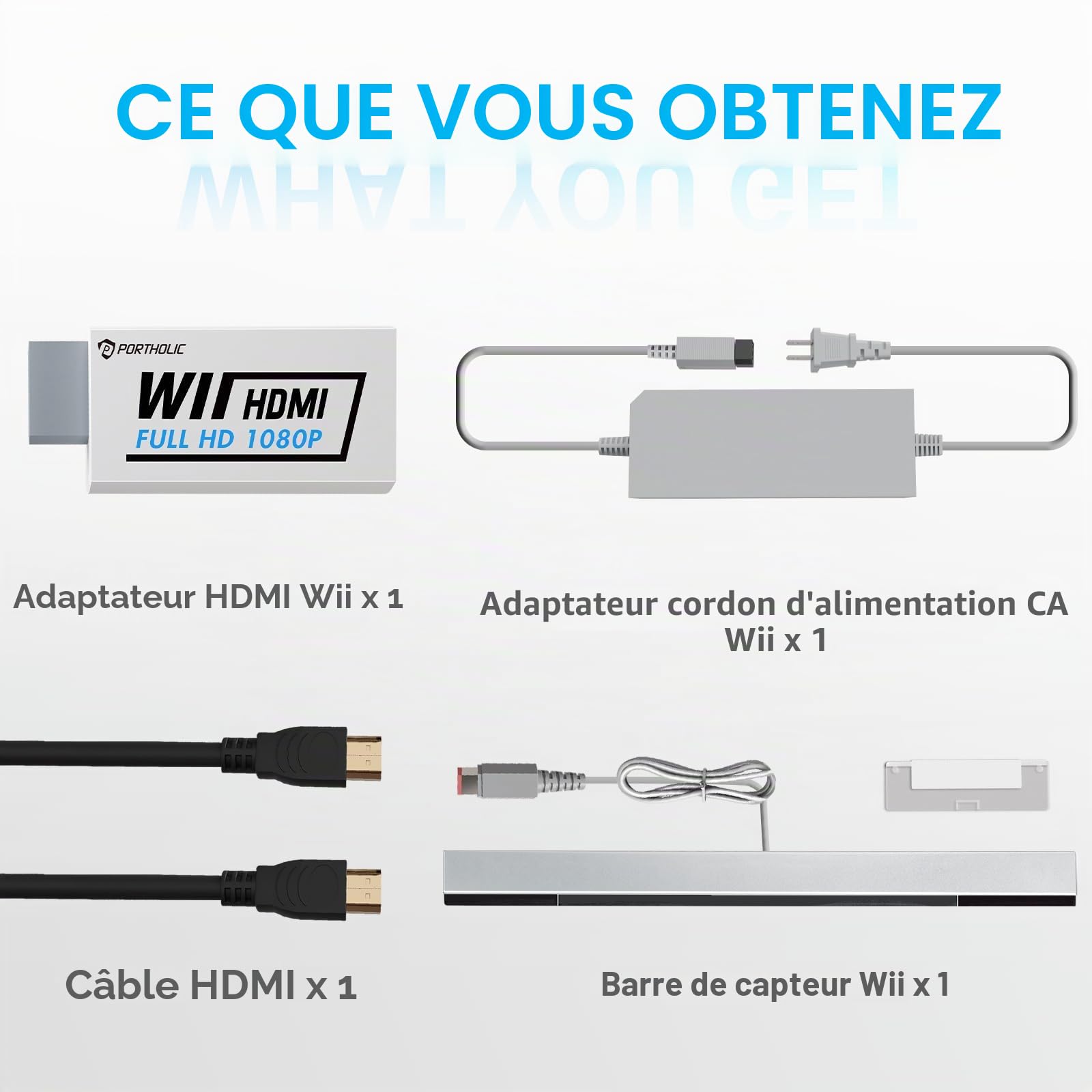 Kit de Câbles Wii 4 en 1 - Adaptateur Secteur AC + Convertisseur Wii vers HDMI + Barre de Capteurs Filaires + Câble AV Composite pour Nintendo Wii