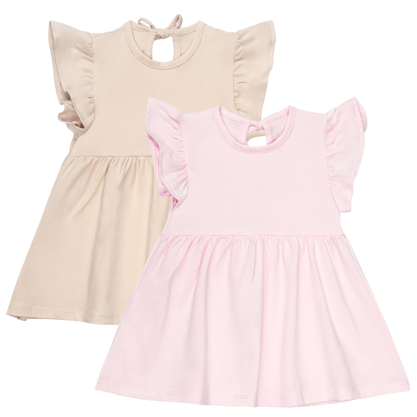 Gaiibbt 2 Pack Little Girls Pink+Flesh-Color Flutter Sleeved Solid Color Pleated Skirt Cotton Dress Playwear 12-18 Months